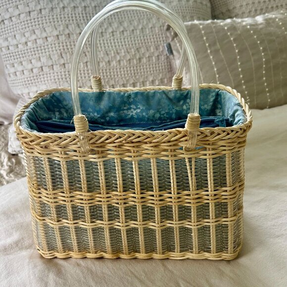 Vintage Handwoven Straw Tote Bag With Clear Acrylic Handles & Blue Floral Lining - Picture 1 of 7